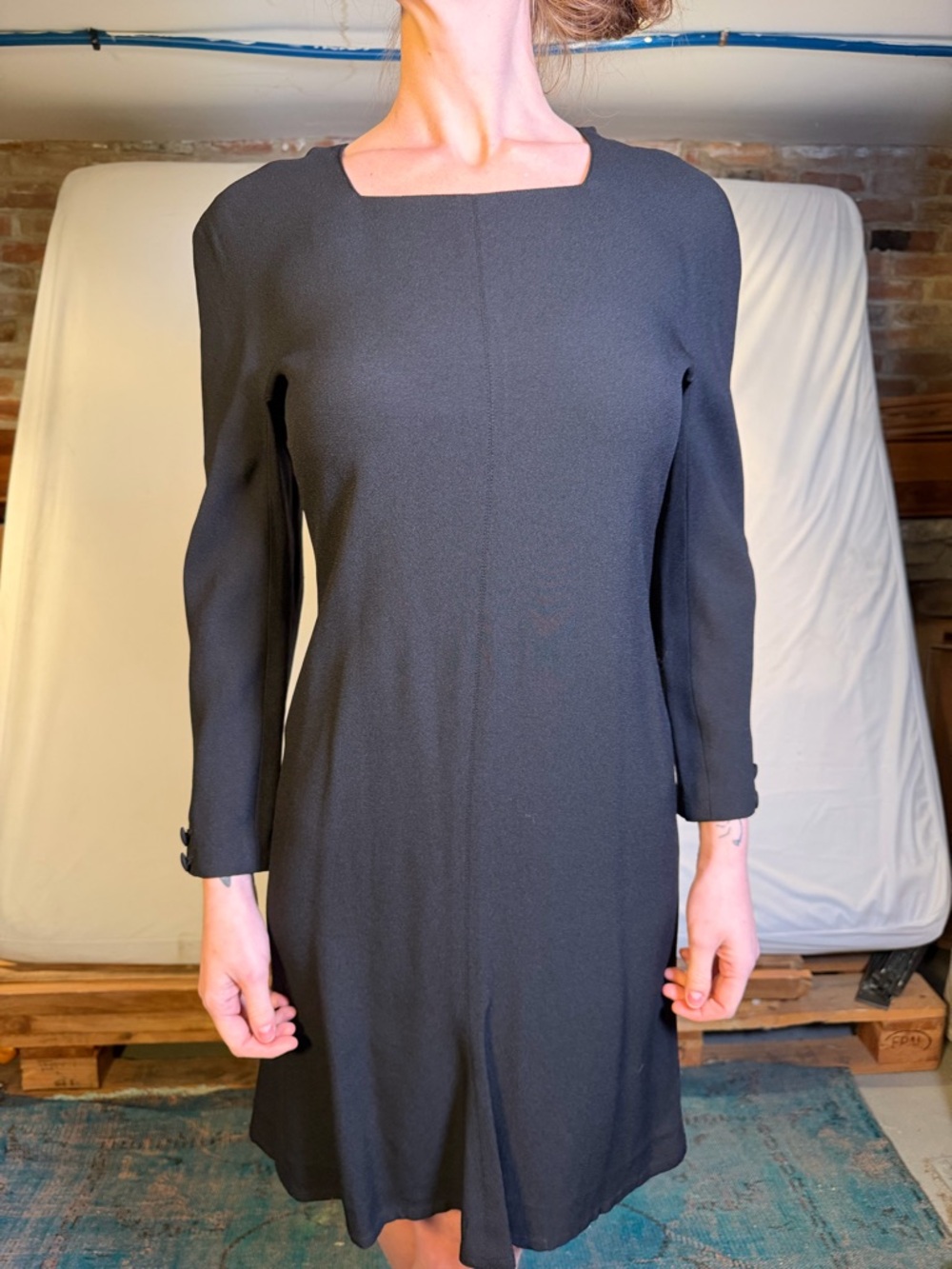 Elegant Black Long-Sleeve Square-Neck Dress